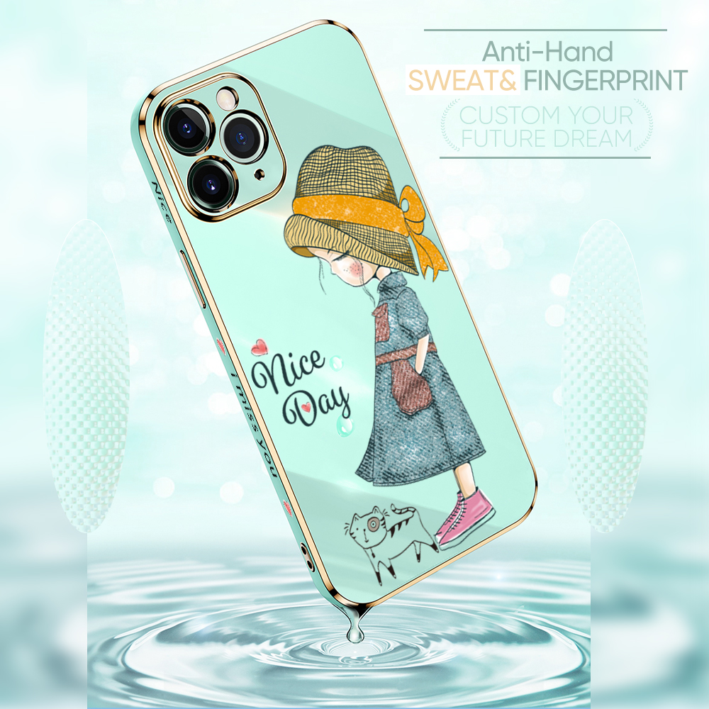 For OnePlus 9 Back Cover Luxury 6D Plating Lovly Girl Side Pattern Soft Silicone Square Mobile Phone Case. 