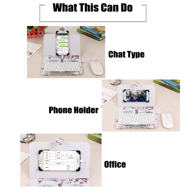 Portable Type-C/Micro-Usb Wired Phone Keyboard Mouse Set With PU Leather Cover ,Phone Keyboard and Mouse for Android With OTG Function For Online Classroom Learning Home Office Android Cellphone Keyboard. 