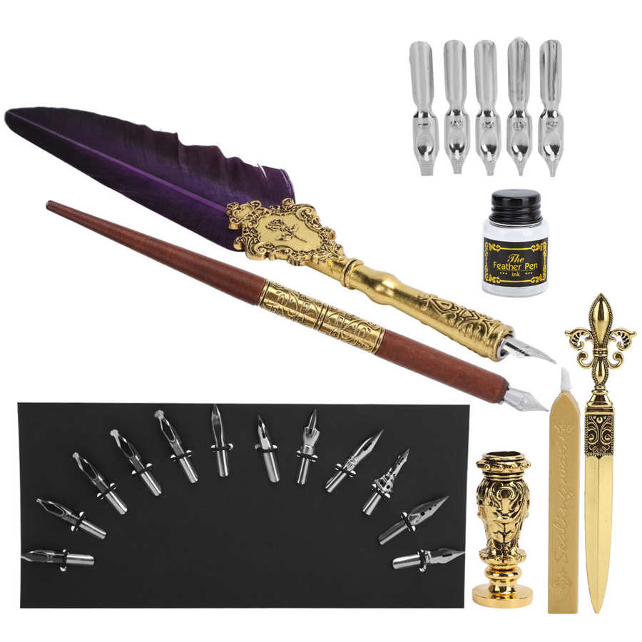 Feather Pen Kit Set Calligraphy Writing Drawing Quill Dip Vintage Art Craft Collection. 