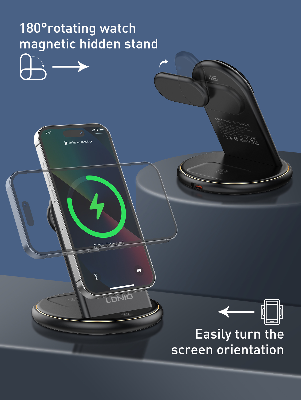 LDNIO Magnetic Wireless Charger Stand for iPhone/ iWatch/ AirPods Pro 2nd, Compatible with iPhone 12/13/14/15 Series, for iWatch S1/S2/S3/S4/S5/S6/S7/S8/S9/S10/Ultra/SE, for AirPods Pro 2nd/AirPods 3nd, Built-in Dimmable Night Light. 