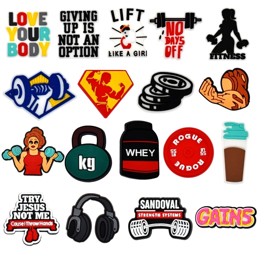1PCS Hot Selling Gym Series Croc Charms For Kids Party Gifts Barbell Dumbbel Fashion Garden Shoe Accessories