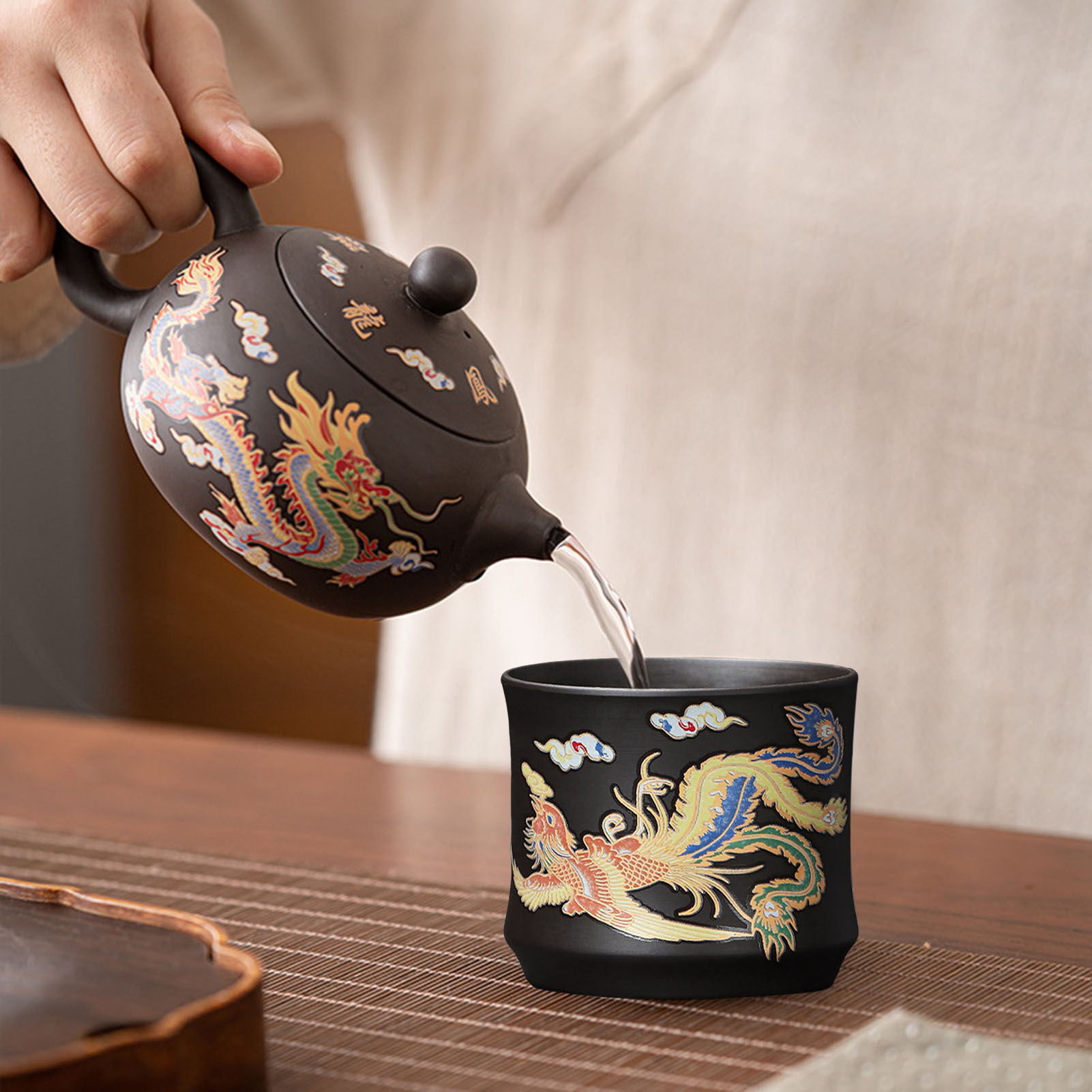 Unique Tea Set with Color-changing Effect Handmade Chinese Dragon Phoenix Zisha Clay Tea Kettle with Color-changing Effect Perfect Gift for Tea Lovers High-quality Mineral Purple Mud Teapot. 