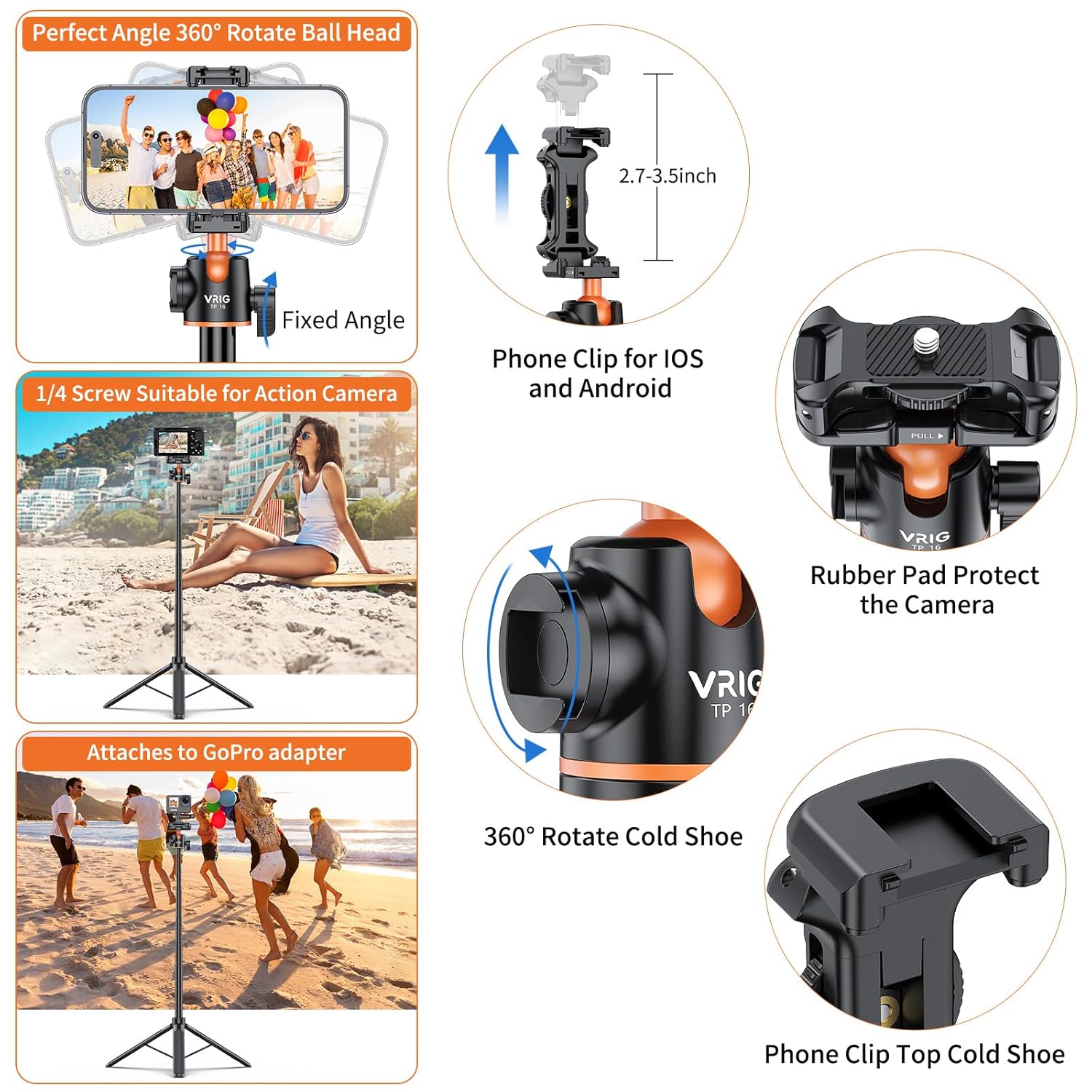 VRIG TP16 Camera Tripod, 55 inch Extendable Phone Selfie Stick Camera Tripod Stand with 2 in 1 Phone Clip, 5 Levels Adjustment 360° Ball Head Loads Up for iPhone Sony Canon GoPro. 