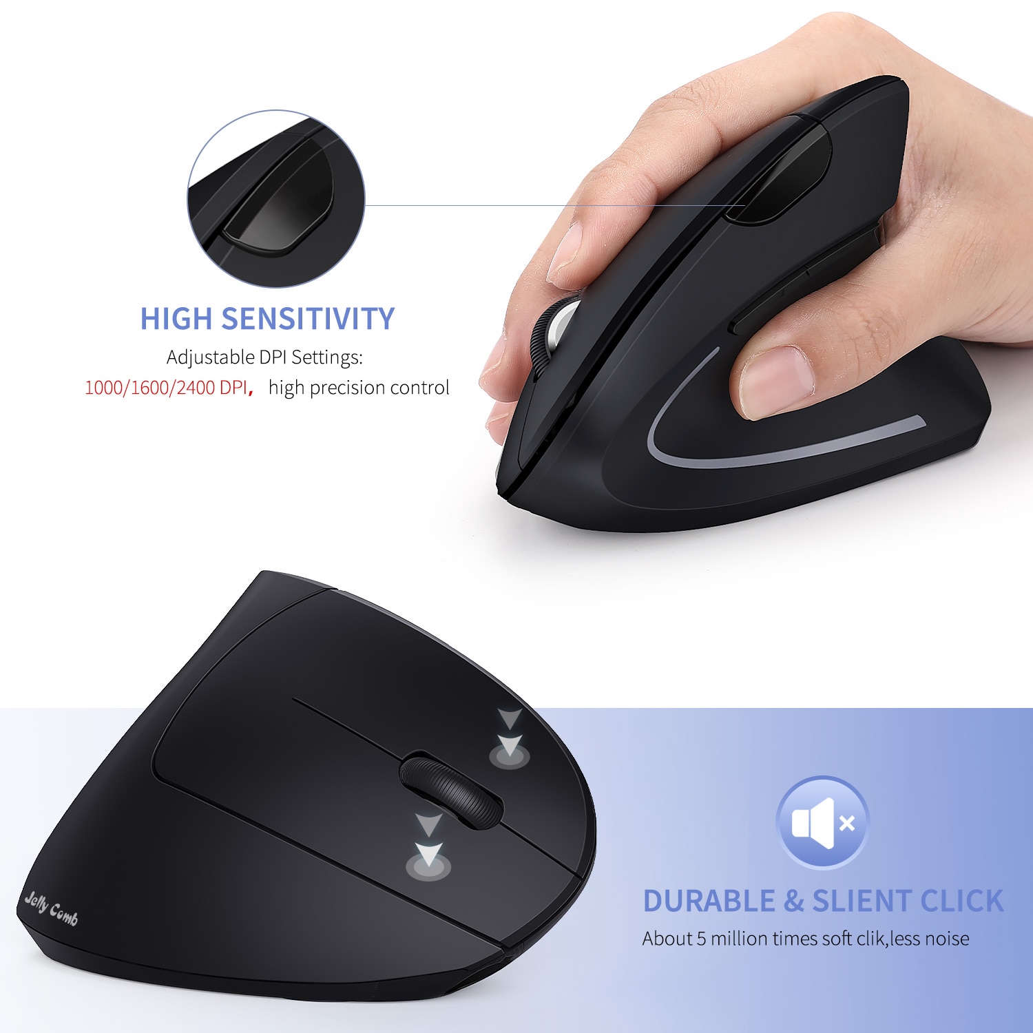 Jelly Comb Bluetooth Ergonomic Mouse Rechargeable 2.4G Wireless Vertical Mouse Optical Mice With 3 Adjustable DPI For Laptop. 