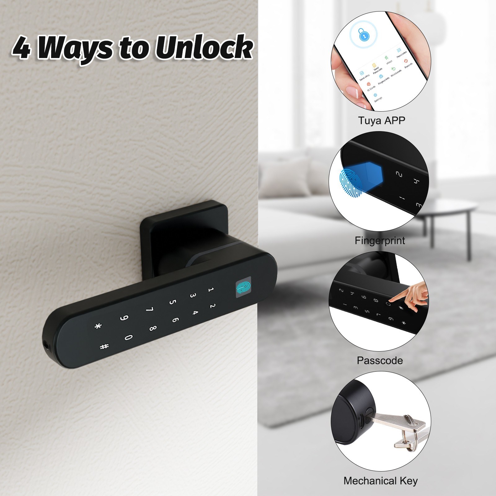 Smart door lock four in one keyless access to Tuya APP control - silver. 