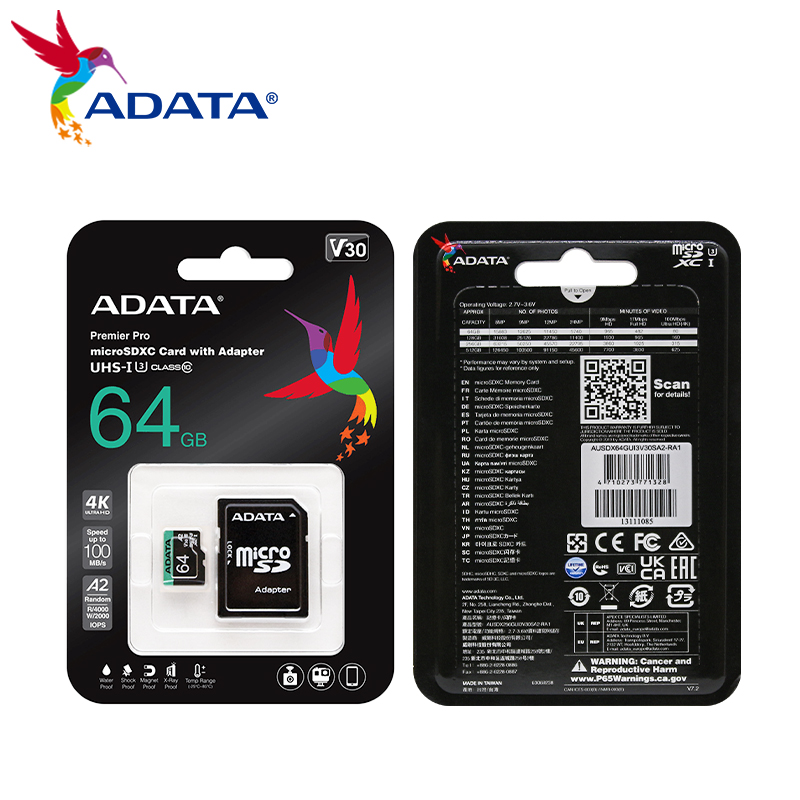 ADATA Memory Card with Adapter Premier Pro microSDXC UHS-I Card 512GB 256GB 128GB 64GB Micro SD Card U3 V30 A2 TF Card for PC. 