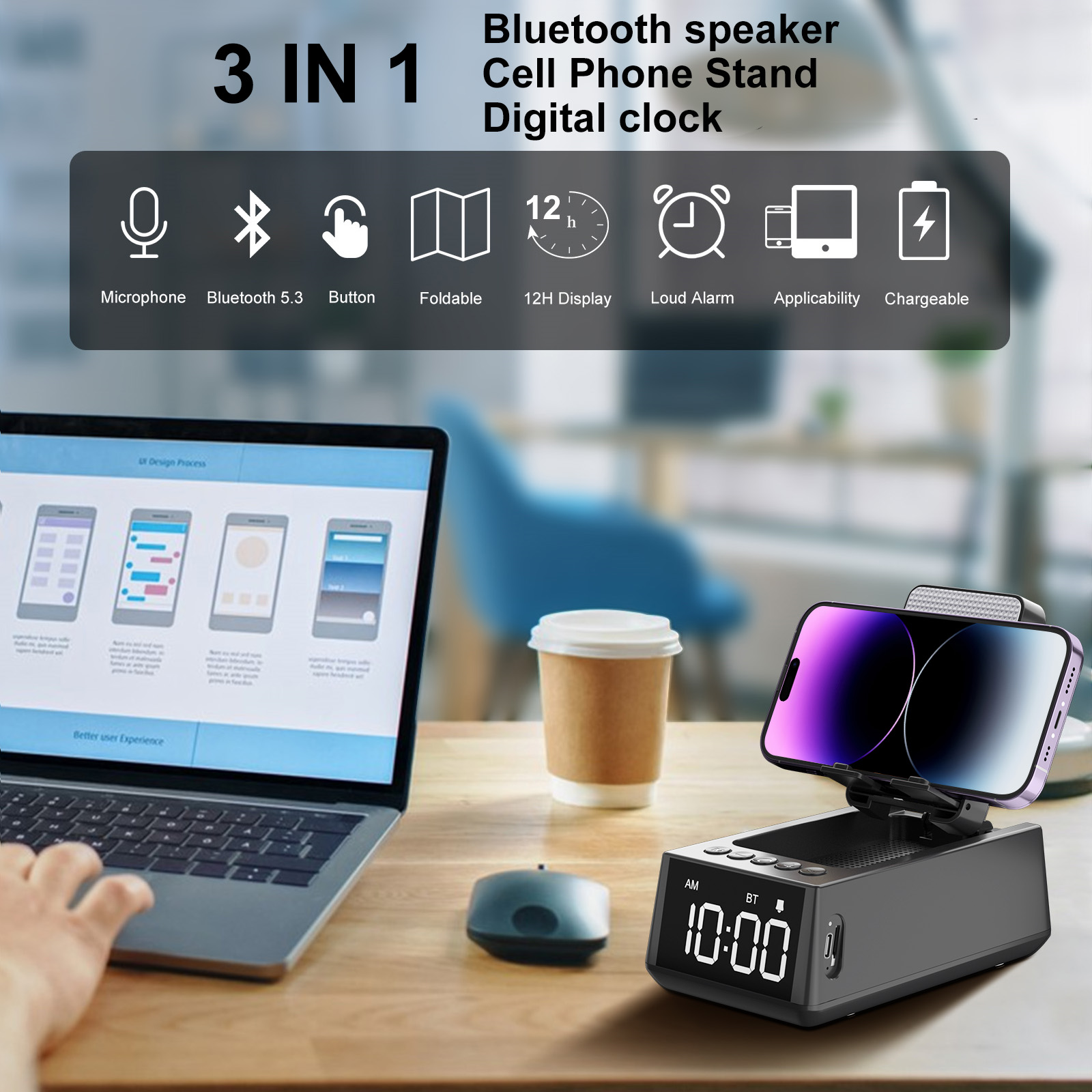 WISE TIGER Bluetooth speaker Foldable 3 in 1 Wireless Speaker with Loud Alarm Clock Cell Phone Stand 12H Display Speaker. 