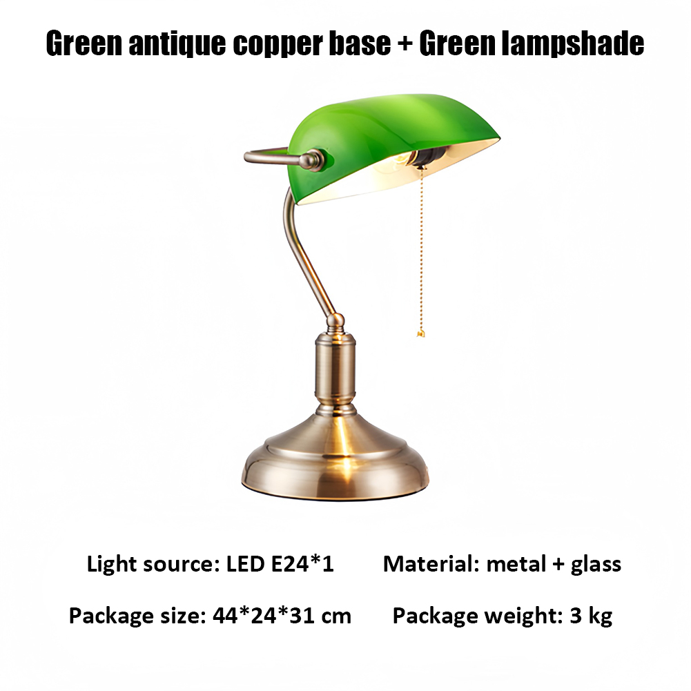 GC Vintage Desk Lamp Green Glass Antique Table Lights With Brass Base Wireless Rechargeable Pull Chain Traditional Library Lamp. 