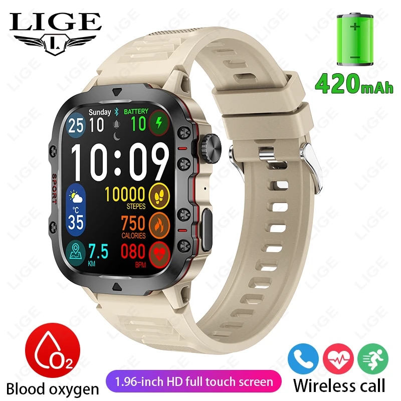 LIGE 2024 Smart Watches Men's Rugged Military Bluetooth Call Sport Heart Rate IP68 Waterproof Outdoor Smartwatch for Android IOS. 
