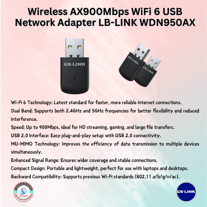 LB-Link Wireless AX900 900 Mbps 2.4 GHz WiFi 6 USB Network Adapter Dual Band WiFi 6 USB Card Win 10/11 MAC WIFI Dongle. 