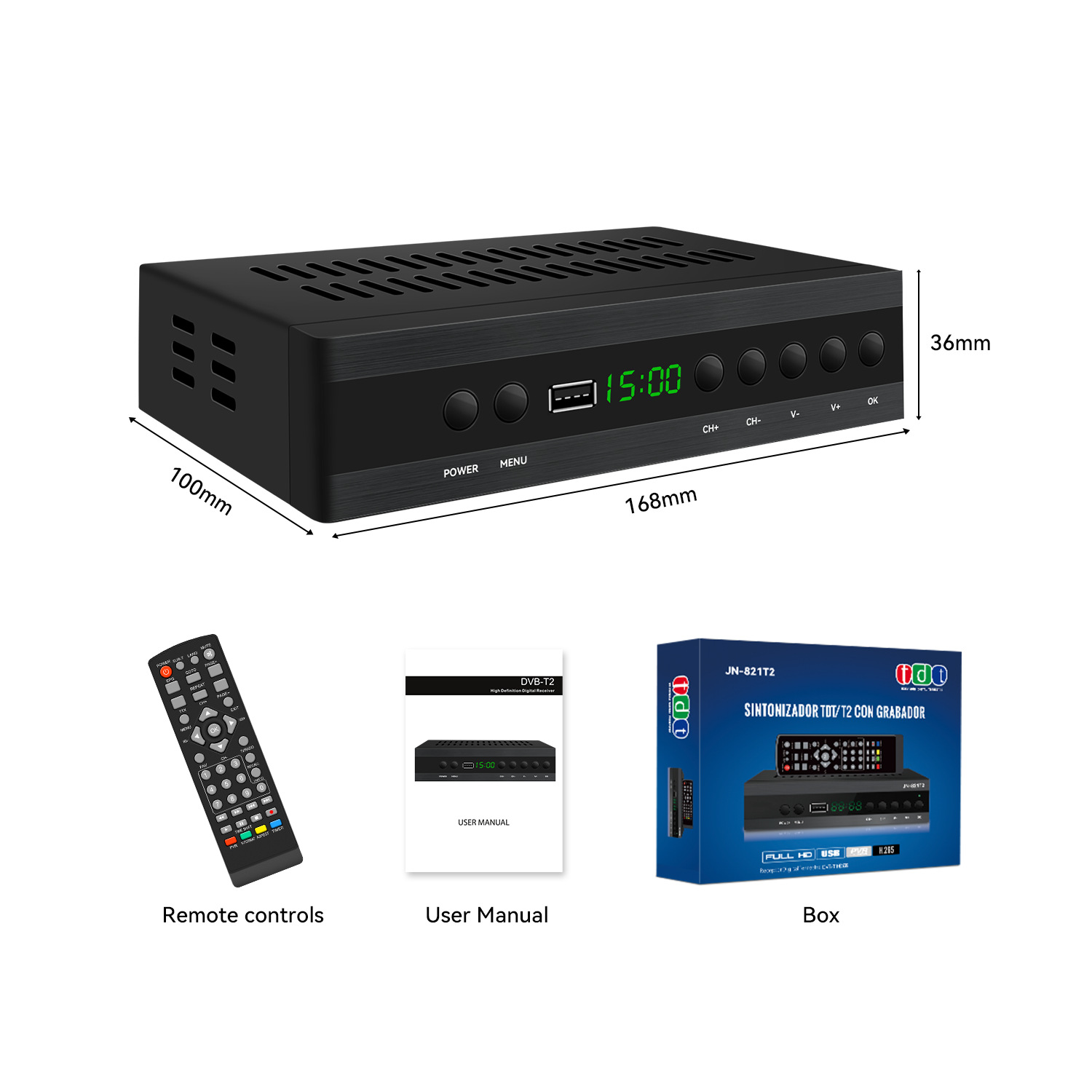 JN-821T2 Spain EU TDT HD Decoder DVB-T2 H.265 HEVC FTA Tuner PVR Digital SCART TV Receiver for View High-definition Channels. 