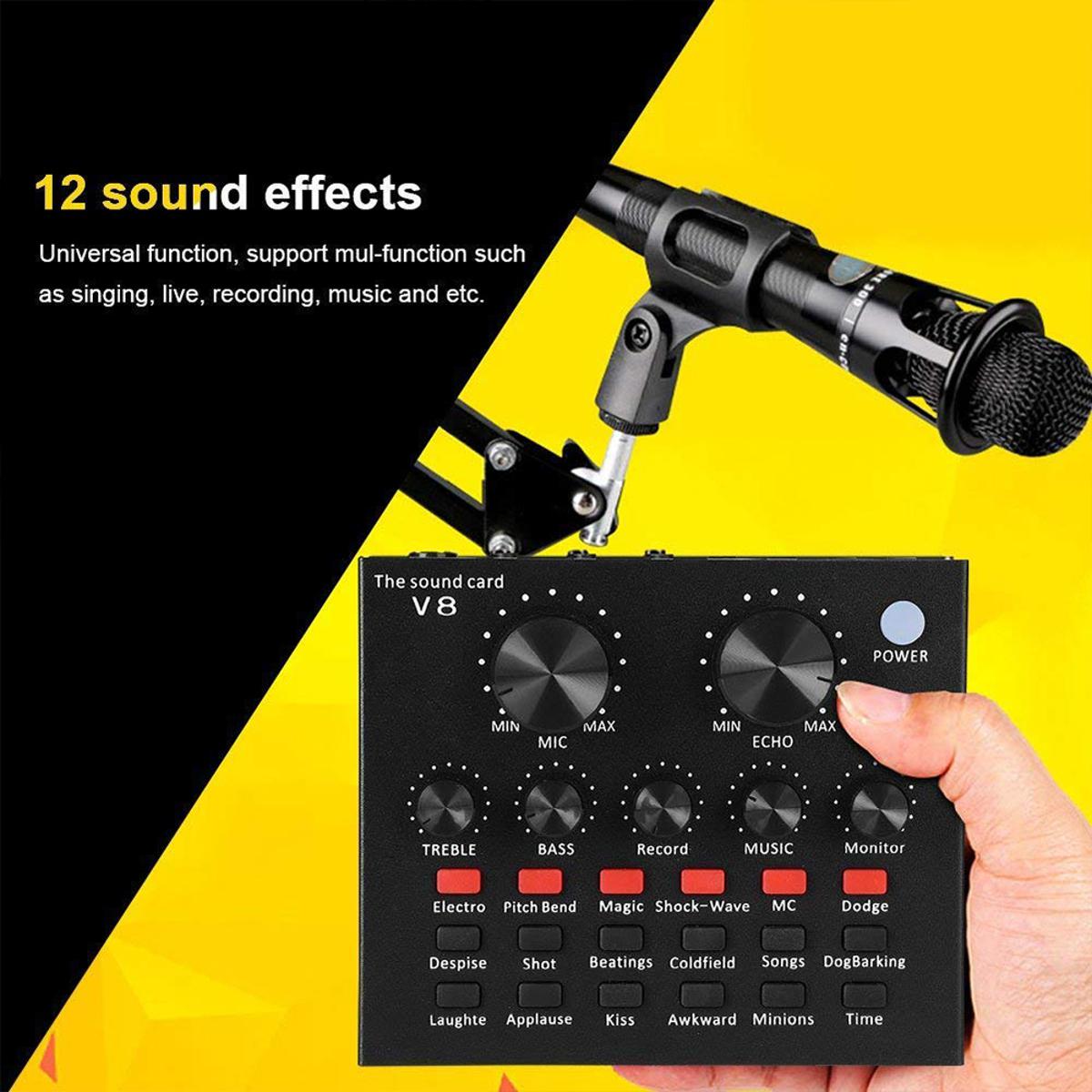 Live Sound Card V8 Voice Changer Dual DSP Noise Reduction Chip Audio Mixer Multiple Funny Effects For Phone Computer Game iPad Karaoke Streamer Recording