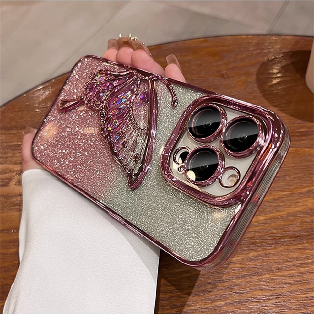 Gradient Glitter Butterfly Phone Case for IPhone 12 13 14 15 Pro Max Soft TPU Case with Camera Protector Shockproof Cover. 