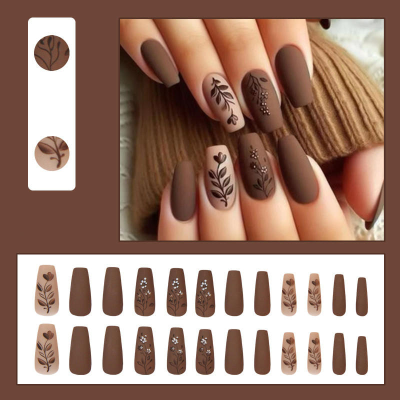 24Pcs Maillard Autumn and Winter Flower Foliage Ins Girl New Fake Nails with Glue DIY Art Design False Nails Stylish Pattern Artificial Nails
