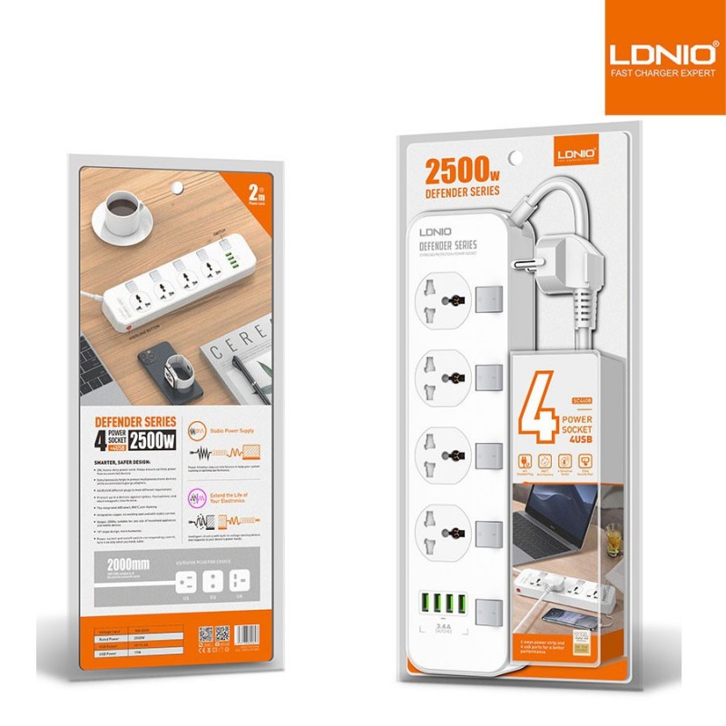 LDNIO SC4408 (ORG) Electrical Socket Smart Extension Multifunction Power Supply Strip Charger Adapter With 4 USB Port. 