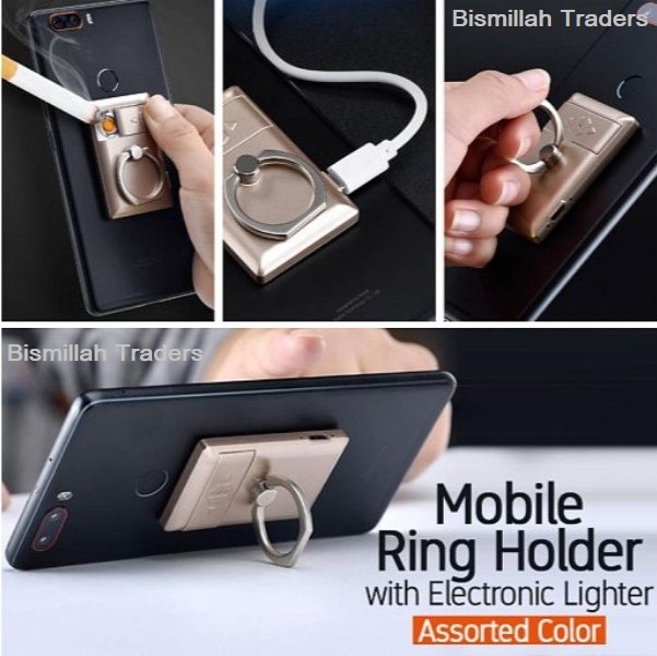 Mobile Ring Holder+USB Lighter 2 in 1 Rechargeable Flameless Ring Lighter Windproof Metal Finger Grip 360 Degree Rotation. 