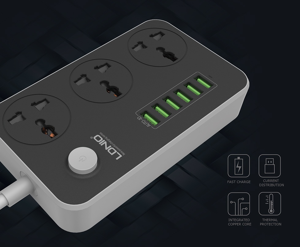LDNIO SC-3604 Hybrid 3.4A 6 USB Charger and 3 Electrical Socket Fast Charging Smart Power Strip [ 6 USB Charger 3 Universal Power Plug (EU/UK/US/AU)]. 