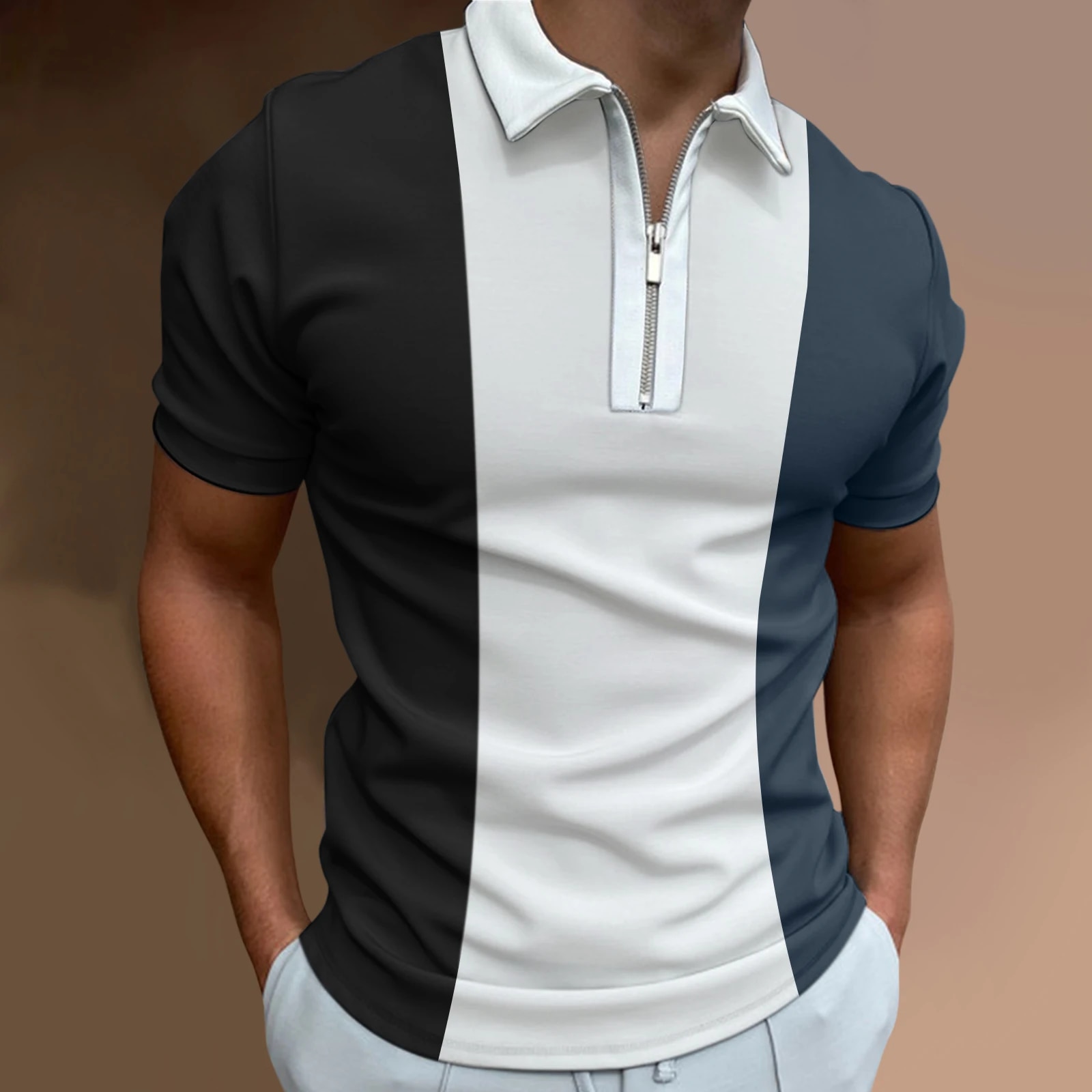 Men's Solid Color Striped Polo Shirt Short Sleeve Golf Turn-down Collar Zipper Polo Shirt for Men Casual Streetwear Summer Tops. 