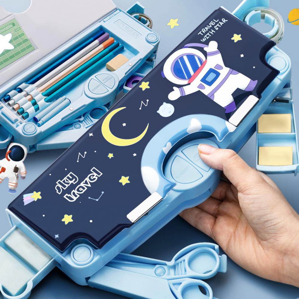 Innovative Pencil Box School Timetable Tidy Name Tag Cartoon Astronaut Pattern Student Double Layer Stationery Holder. 