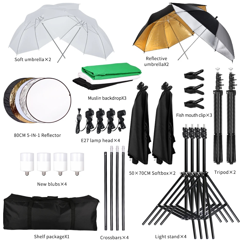 Photography Photo Studio Softbox Lighting Kit With 2.6x3M Background Frame 3pcs Backdrops Tripod Stand Reflector Board 4Umbrella. 