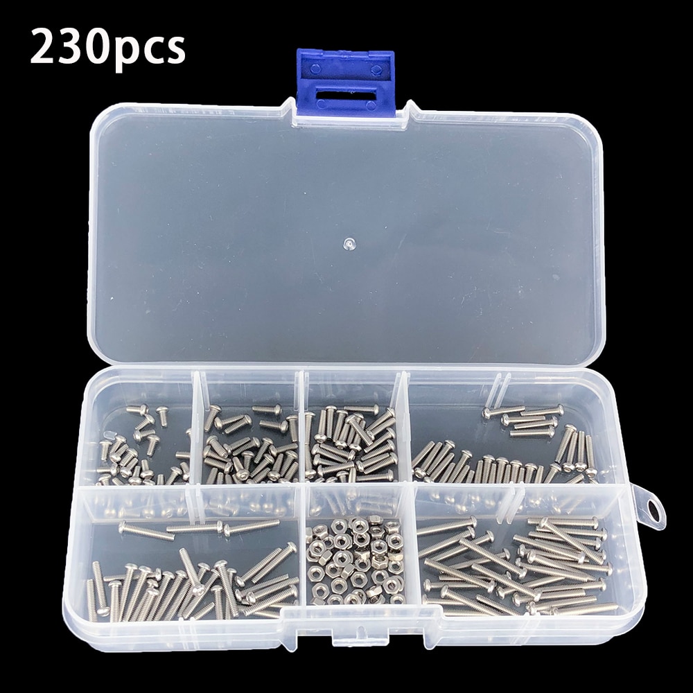 230pcs M2 Screws Nuts Bolts 304 Stainless Steel Hex Socket Button Head cap screw set Assortment Kit small screws Kit Storage Box. 
