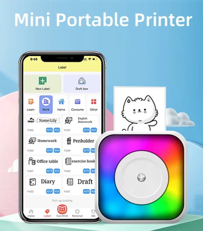 Pix RGB Mini Pocket Printer- Pix C31 RGB Portable Wireless Pocket Thermal Printer -Wireless/Bluetooth Mobile Portable Printer Thermal Printer Photo Label Sticker Note Printer 200DPI with 1 Roll Label Paper Rechargeable With Running Light. 