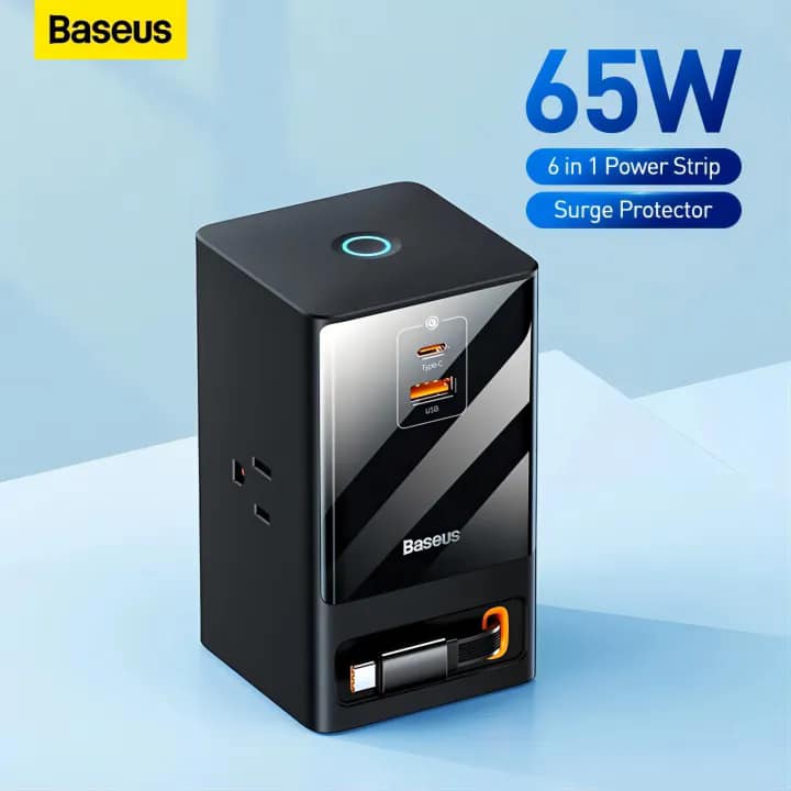 Baseus GaN Charger Gan5 Pro Power Combo Digital Power Strip 3AC 1U 1C Retractable-C 65W with 1.5m power cord CN Black. 