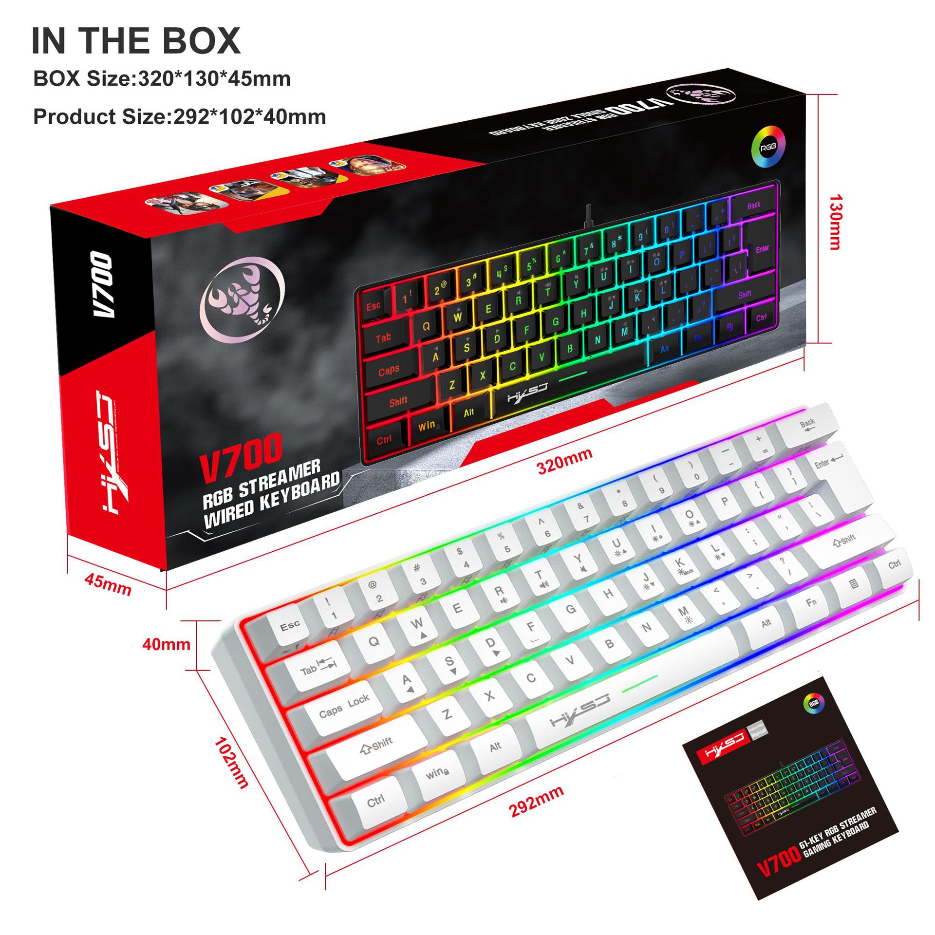 61 key gaming membrane keyboard RGB light portable wired keyboard with a variety of shortcut key combinations in stock. 