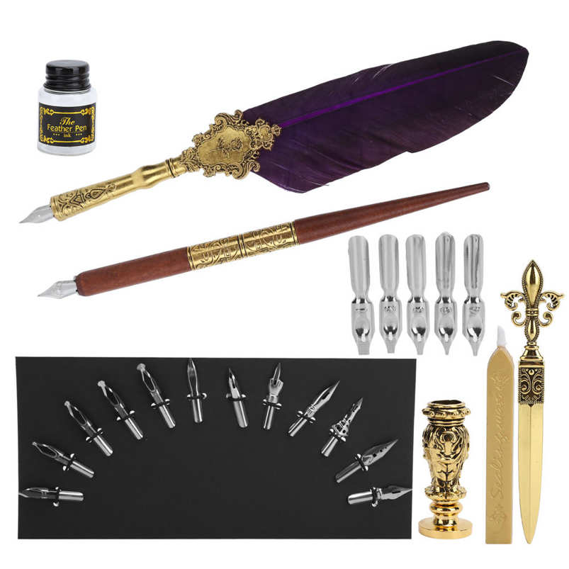 Feather Pen Kit Set Calligraphy Writing Drawing Quill Dip Vintage Art Craft Collection. 