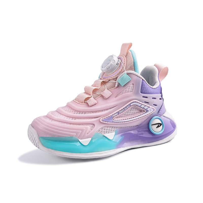 Deerway Children's Basketball Shoes 2023 Spring and Autumn New Luminous Rotating Button Mesh Breathable Sweat Absorbing Boy Shoes. 