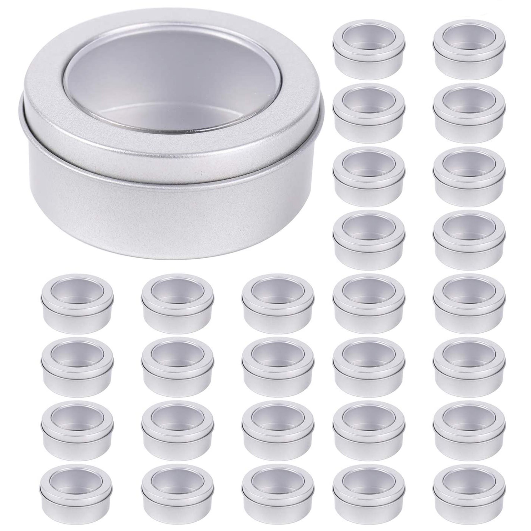 30 Pack 2 Ounce Metal Tin Cans - Round Empty Containers with Clear