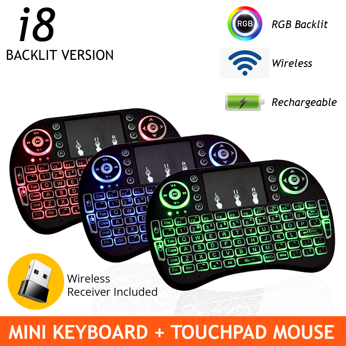 Mini Keyboard And Touchpad Mouse Combo i8 Multicolor RGB Backlit Rechargeable Handheld Wireless Keyboard Support PC Laptop Desktop Android TV Box