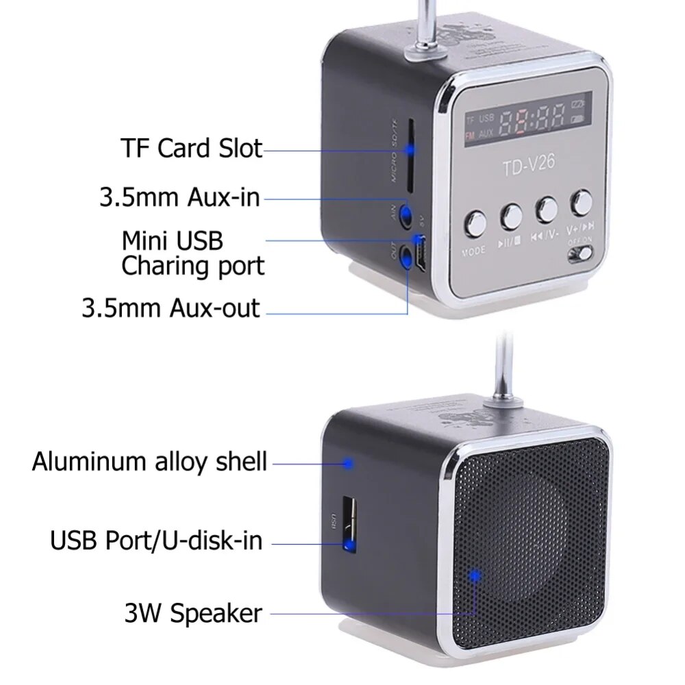 TD-V26 Mini Portable Sound Speaker TF Card FM Radio AUX Stereo Music Player Bluetooth Speaker. 