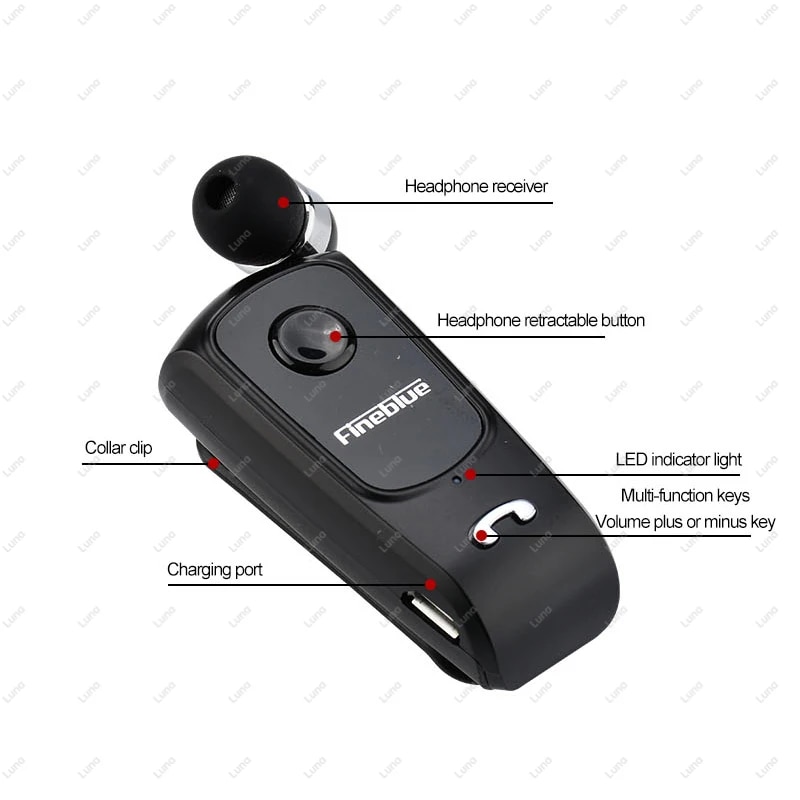 Fineblue F920 Wireless Earphone Bluetooth Headset Heaphones in Lotus with Wire Clip Ears Handsfree Earbuds Retractable Earphones. 