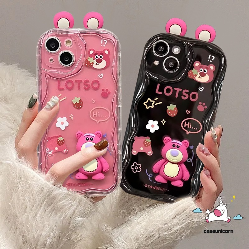 Cartoon 3D Doll Cute Strawberry Bear Lotso Phone Case For Redmi Note 12 10 11 9 8 10s Pro Max Redmi 9T 10C 9A A1 A2 10A POCO X5 M3 C55 MI 12 11 Lite Fashion Lovely Animals Wavy Curved Edge Soft Cover