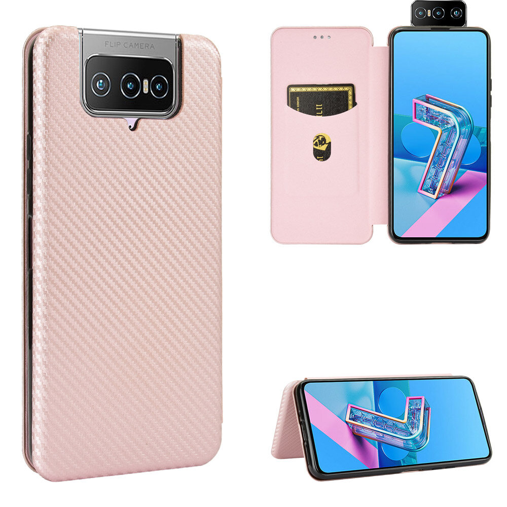 lthmy for Asus Zenfone 7 / Zenfone 8 Flip Carbon Fiber Magnetic Closure with Card Slot Flip Case Cover