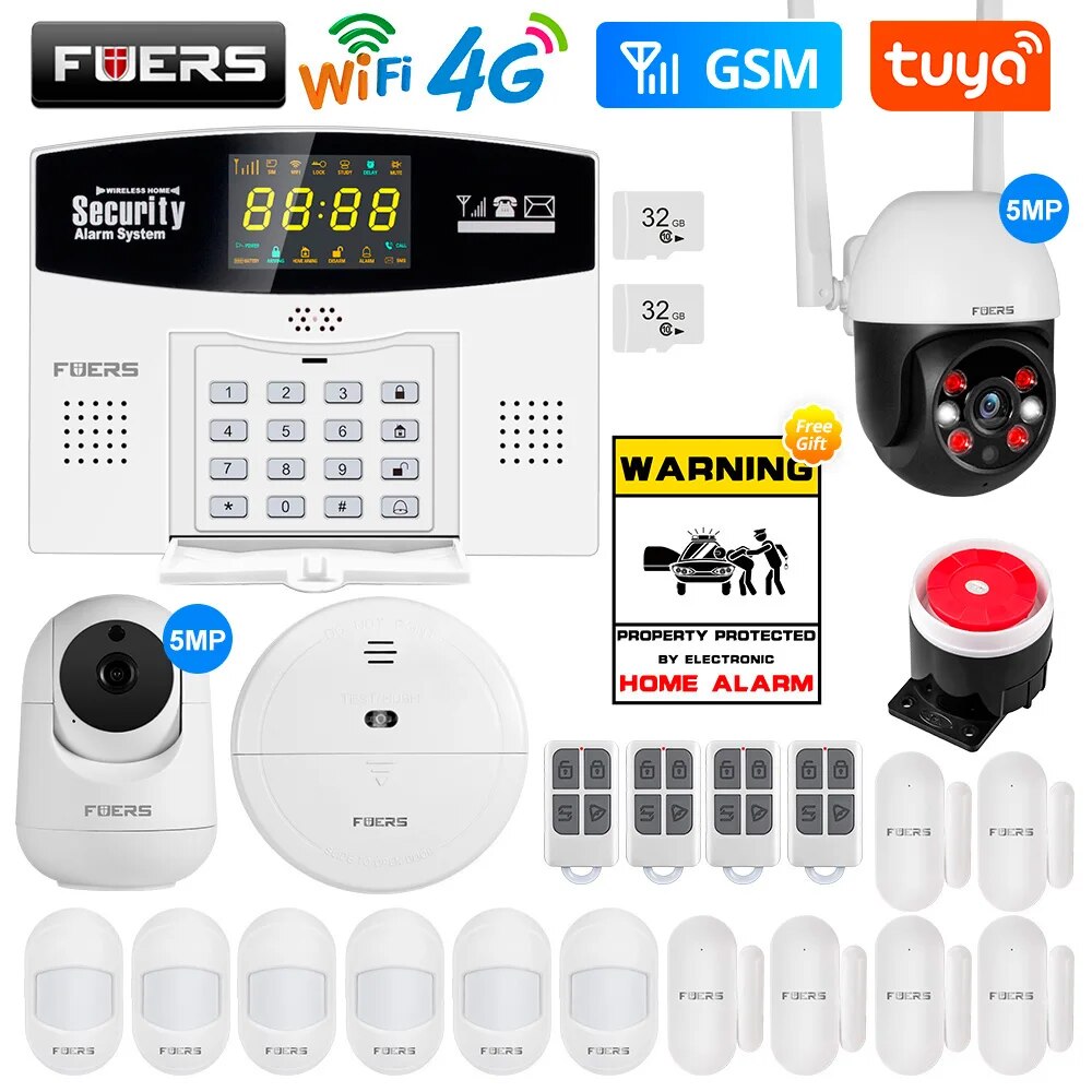 Fuers W214 4G WIFI Tuya Smart Alarm System Wireless Burglar GSM Smart Home Security Alarm Control LCD Display IP Camera. 