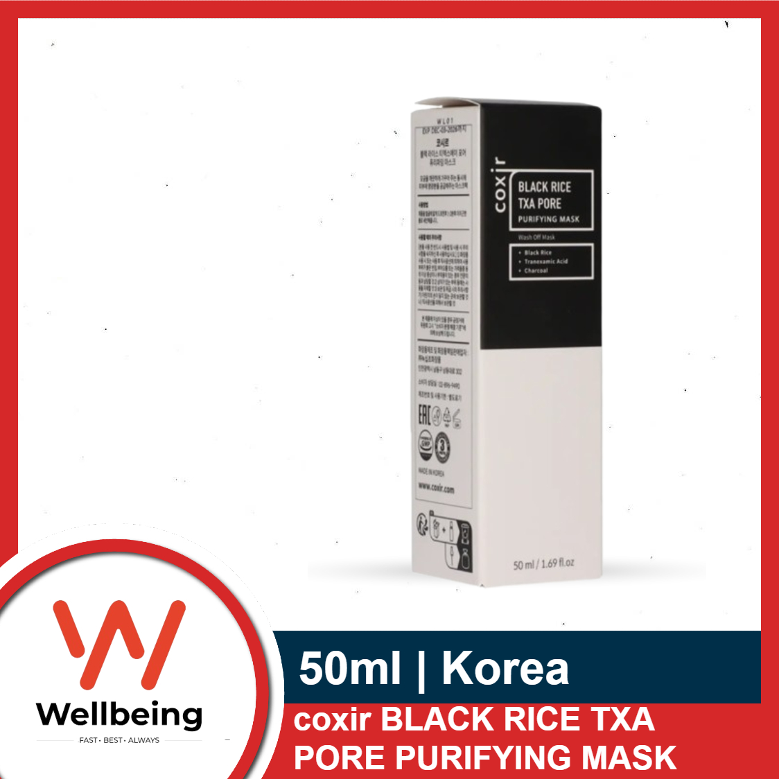 coxir BLACK RICE TXA PORE PURIFYING MASK 50ml | l Tranexamic Acid, 3-in-1 Detox Serum Mask l Pore, Cleansing, Toning l Hydrating Wash Off Mask for Blackhead, Korean Skin