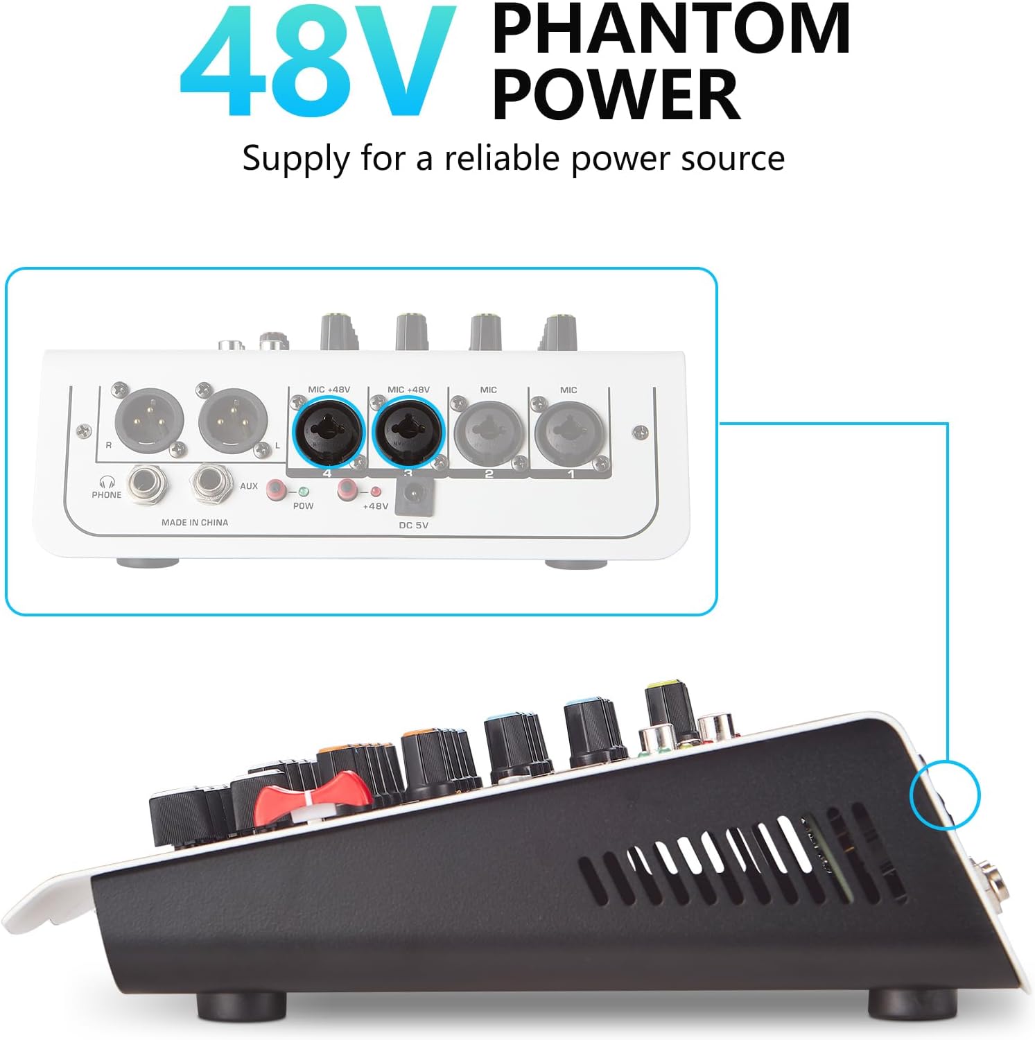 BOMGE Audio Mixer 6 Channel DJ Mixer Sound Board Console with USB MP3 Bluetooth Input 48V For Live Performance Home Stage Karaoke. 