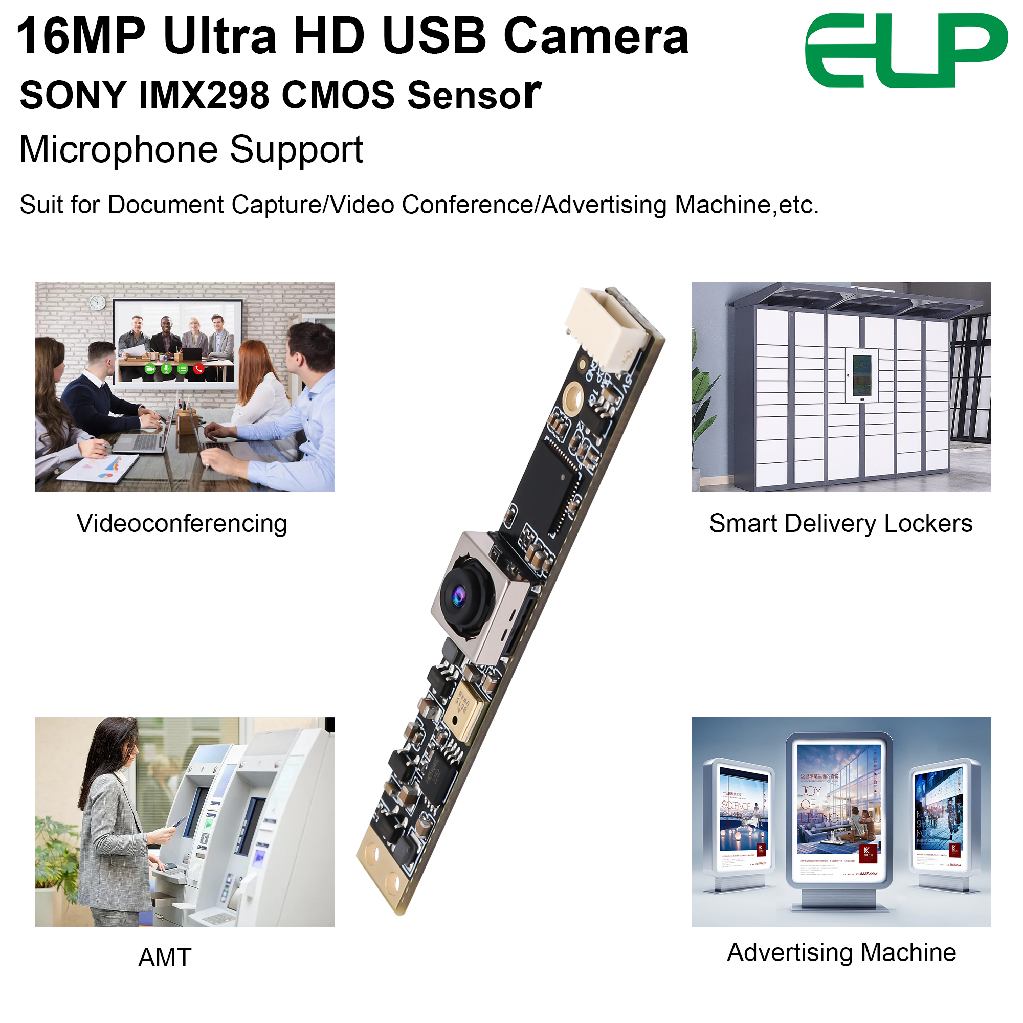 ELP 16MP Autofocus USB Camera Module with Mic No Distortion Lens Ultra HD Webcam Super Mini Audio Video Camera with 68 Degree. 