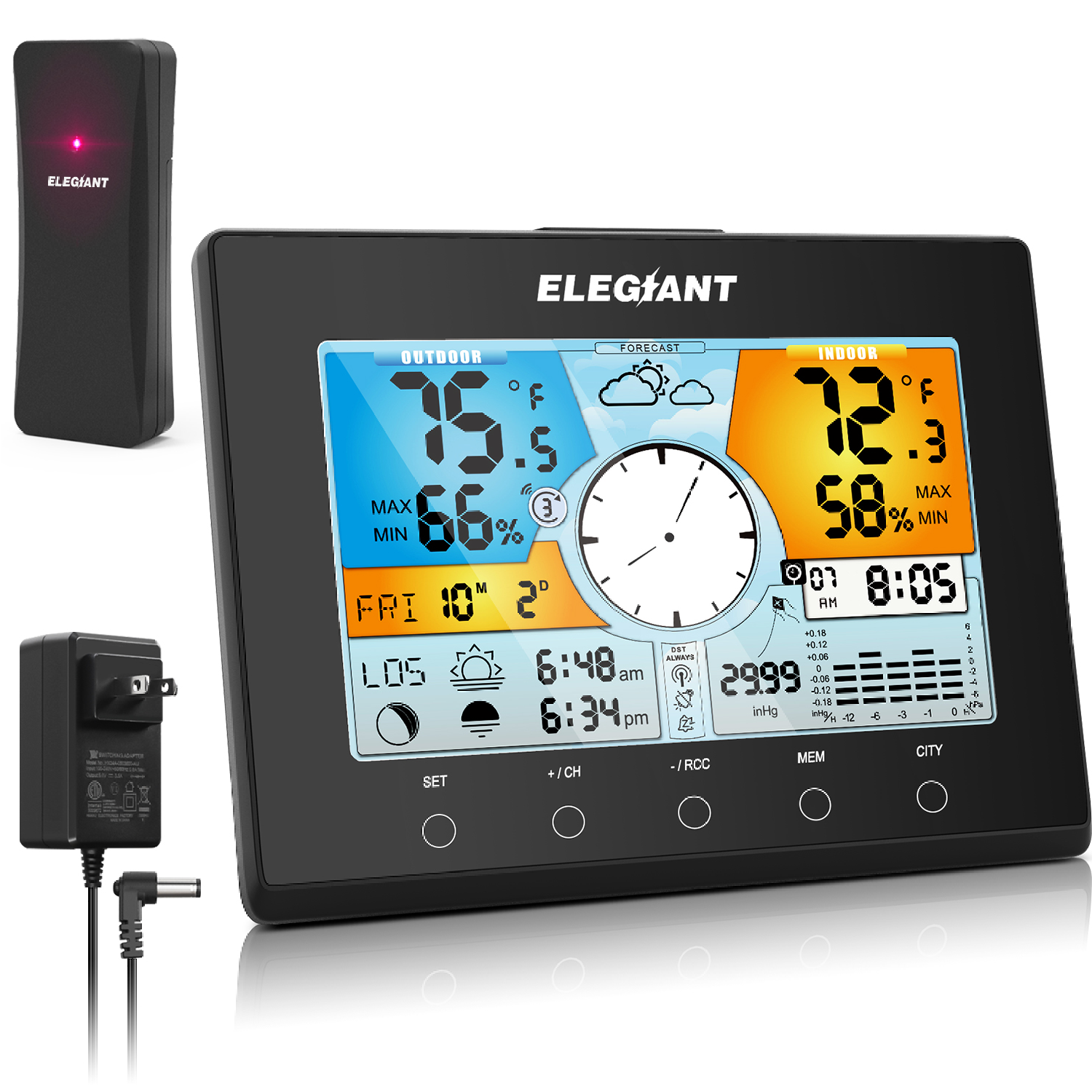 ELEGIANT Color Weather Station Auto Time Setting (WWVB) Indoor Outdoor Thermometer Hygrometer Monitor Weather Forecast 4-Level Backlight | EOX-9938 US R2F281