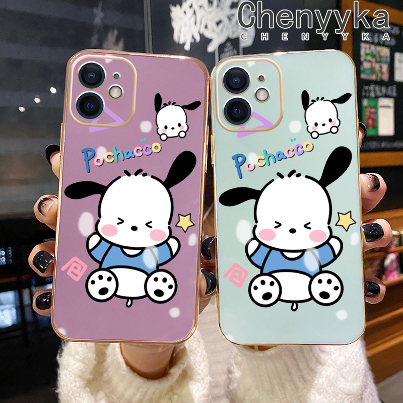 Chenyyka For iPhone 6 6s 6 Plus 6s Plus Case Cartoon Cute Pochacco New Square Edge Pattern Luxury Plating Phone Cases Silicone Soft Case Camera Lens Shockproof Protection Cover. 
