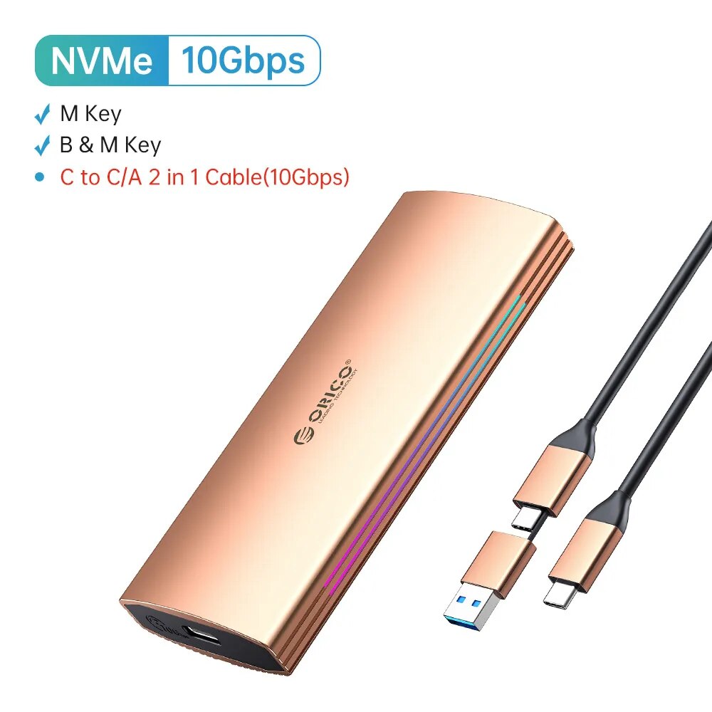 ORICO RGB 10Gbps M2 NVMe SSD Enclosure Aluminum USB3.1 Gen2 Case for M Key M&B Key Solid State Drive for Gamer Video Editing. 