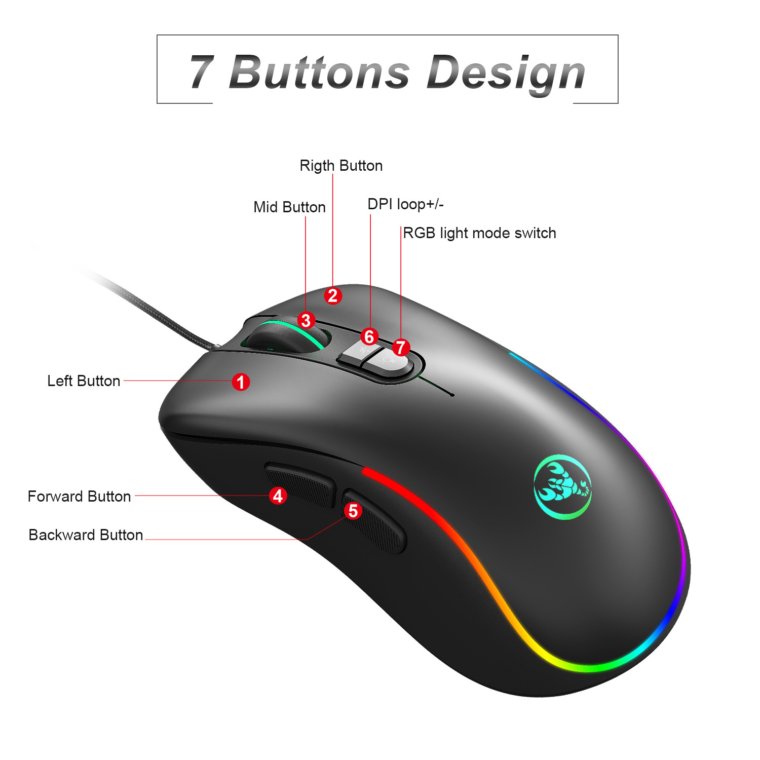 HXSJ J300 Wired Gaming Mouse RGB Colorful Light Macro 6400 Adjustable DPI Gamer Mouse for PUBG Better than HP Razer Mouse Mice. 
