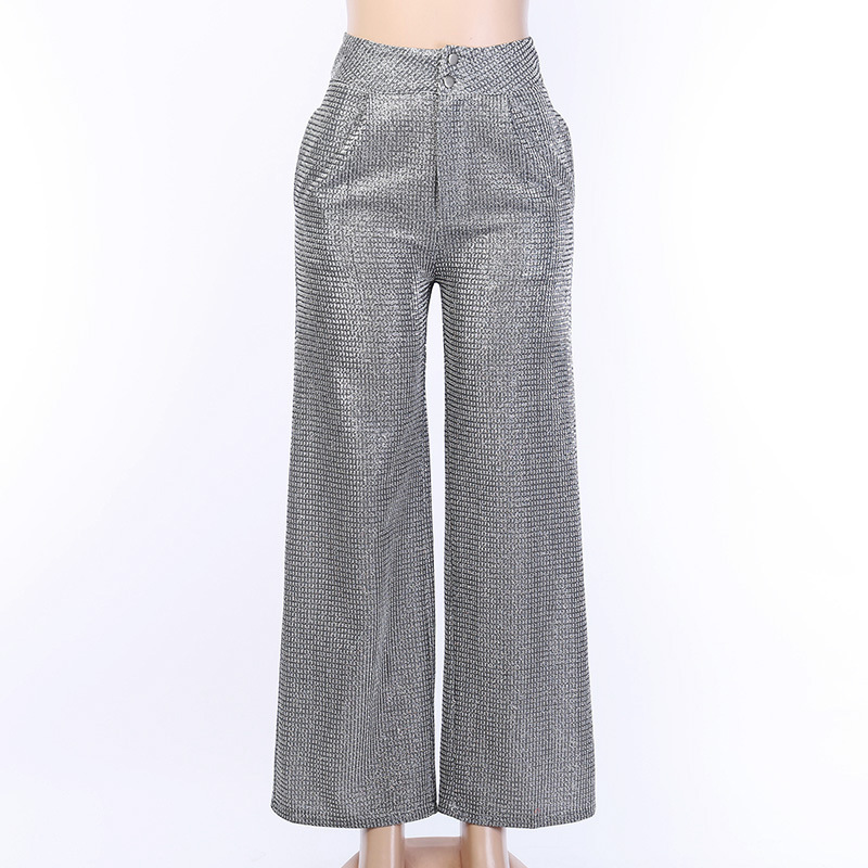 New Women Silver Wide Leg Pants Shiny 