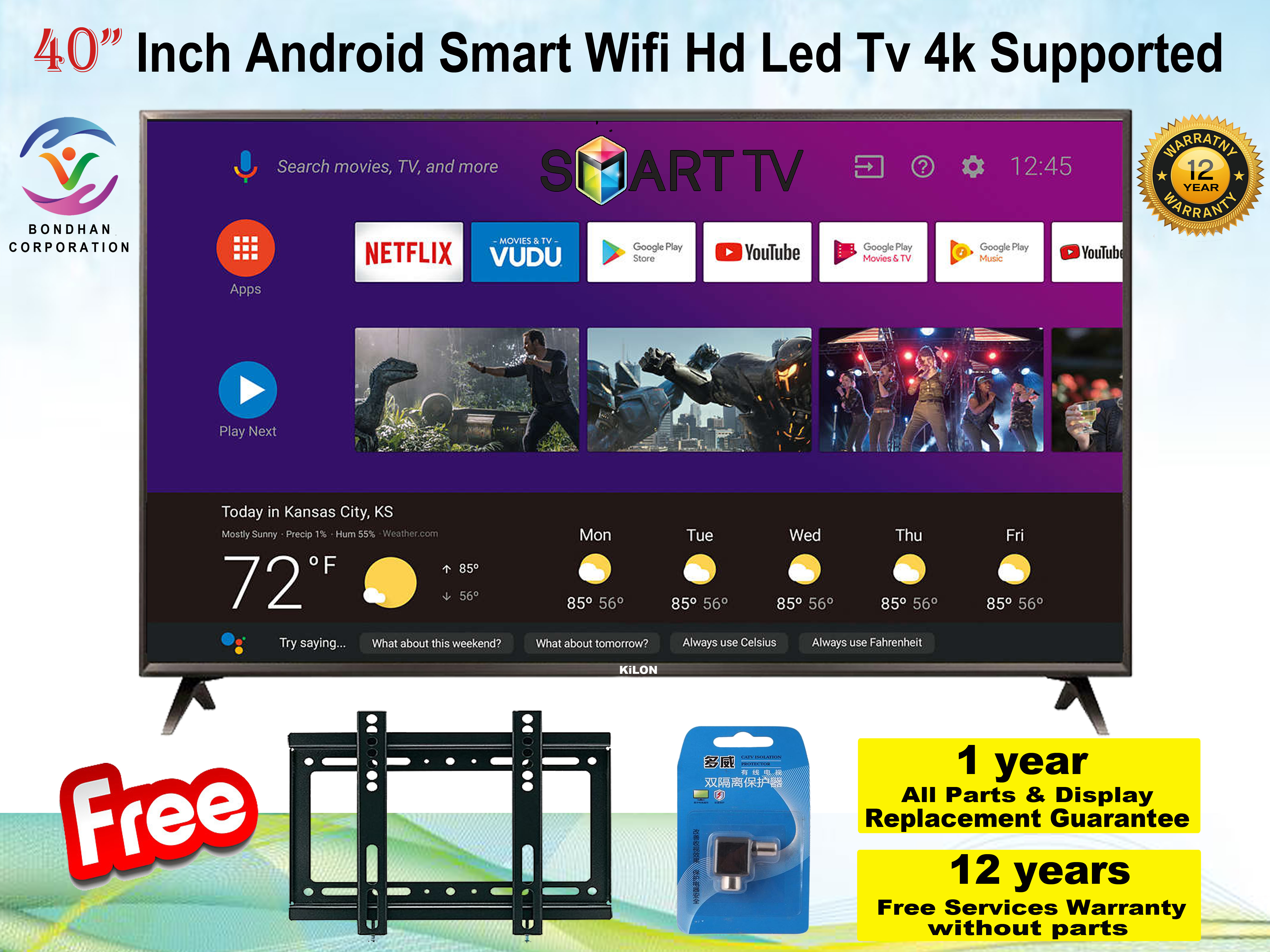 KILOM 40â€ Inch Android Smart Wifi Hd Led Tv 4k Supported