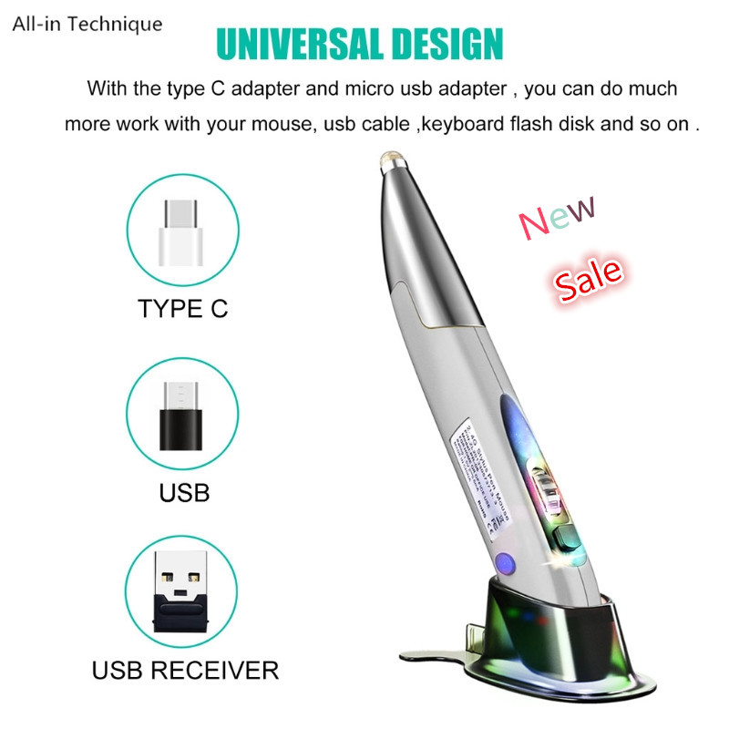 Rechargeable Right and Left Hand 1200 DPI 2.4G USB Wireless Mouse with Micro USB Type C Adapter Touch Pen Function for PC Laptop