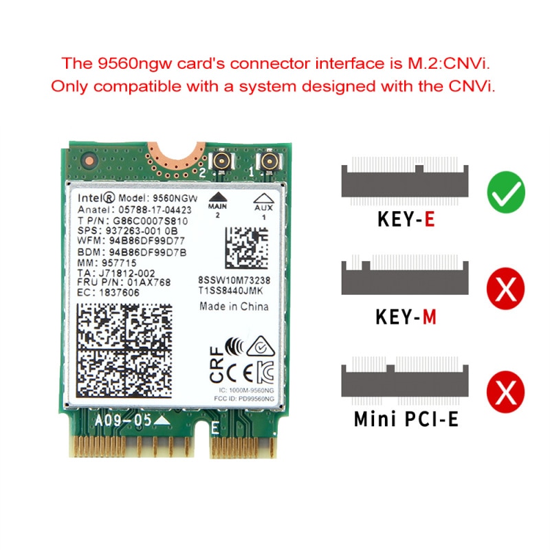 Intel 9560 dual band 2.4g/5GHz wireless bluetooth 5.0 802.11ac m.2 cnvi Intel 9560ngw Wi-Fi card. 