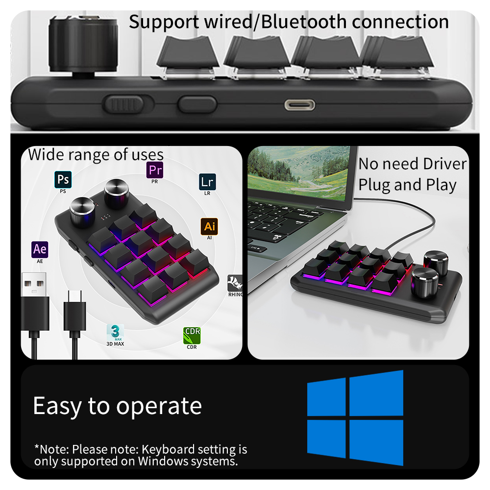Programming Macro Custom 2 Knob Bluetooth Keyboard RGB 12 Key Copy Paste Mini Button Gaming Keypad Mechanical Hotswap Macropad. 