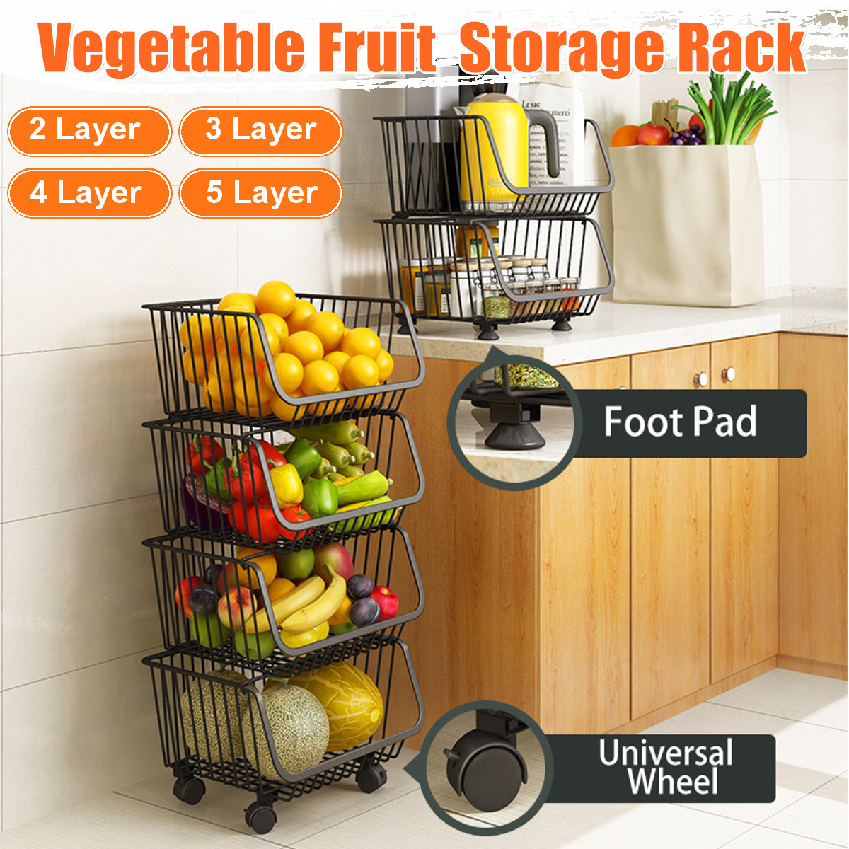 Black practical carbon steel kitchen shelf fruit and vegetable basket ...